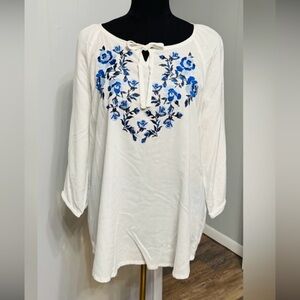 Blair White Blouse with Blue Floral Embroidery
